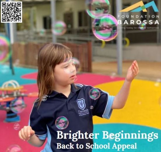 Foundation Barossa's Brighter Beginnings Christmas appeal image includes the Foundation Barossa logo and a photo of a girl blowing bubbles