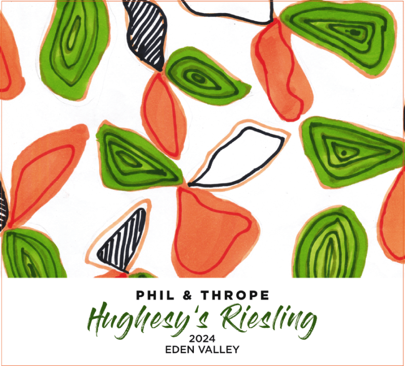 Label for the Phil & Thrope Wines 2024 Riesling has abstract images in orange, green and black on a white label